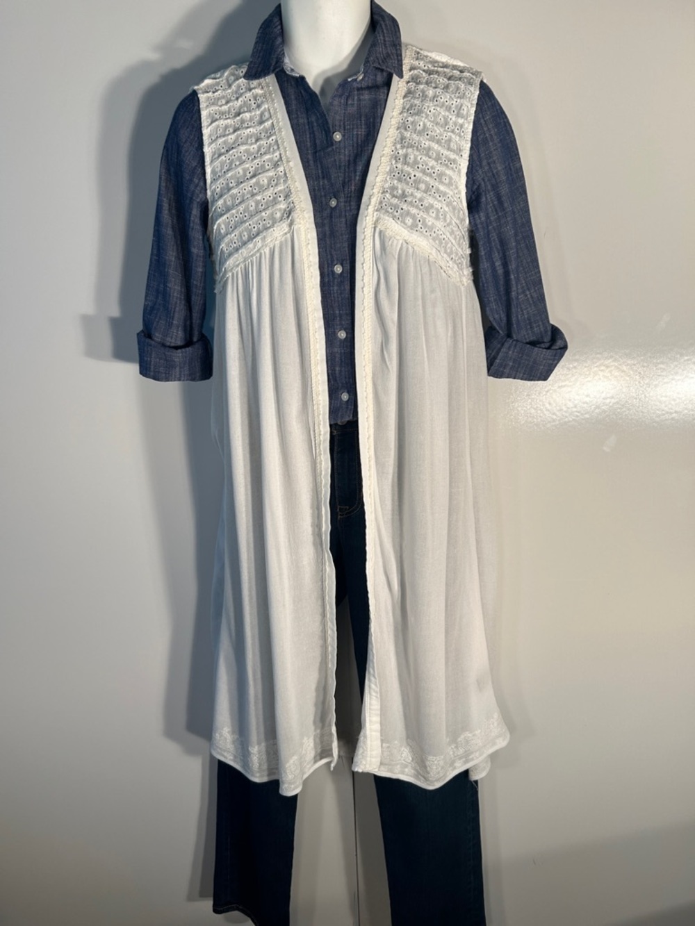 POL SZS White Eyelet Trim Duster Kimono Boho Cover up  Cottage Romantic Layering